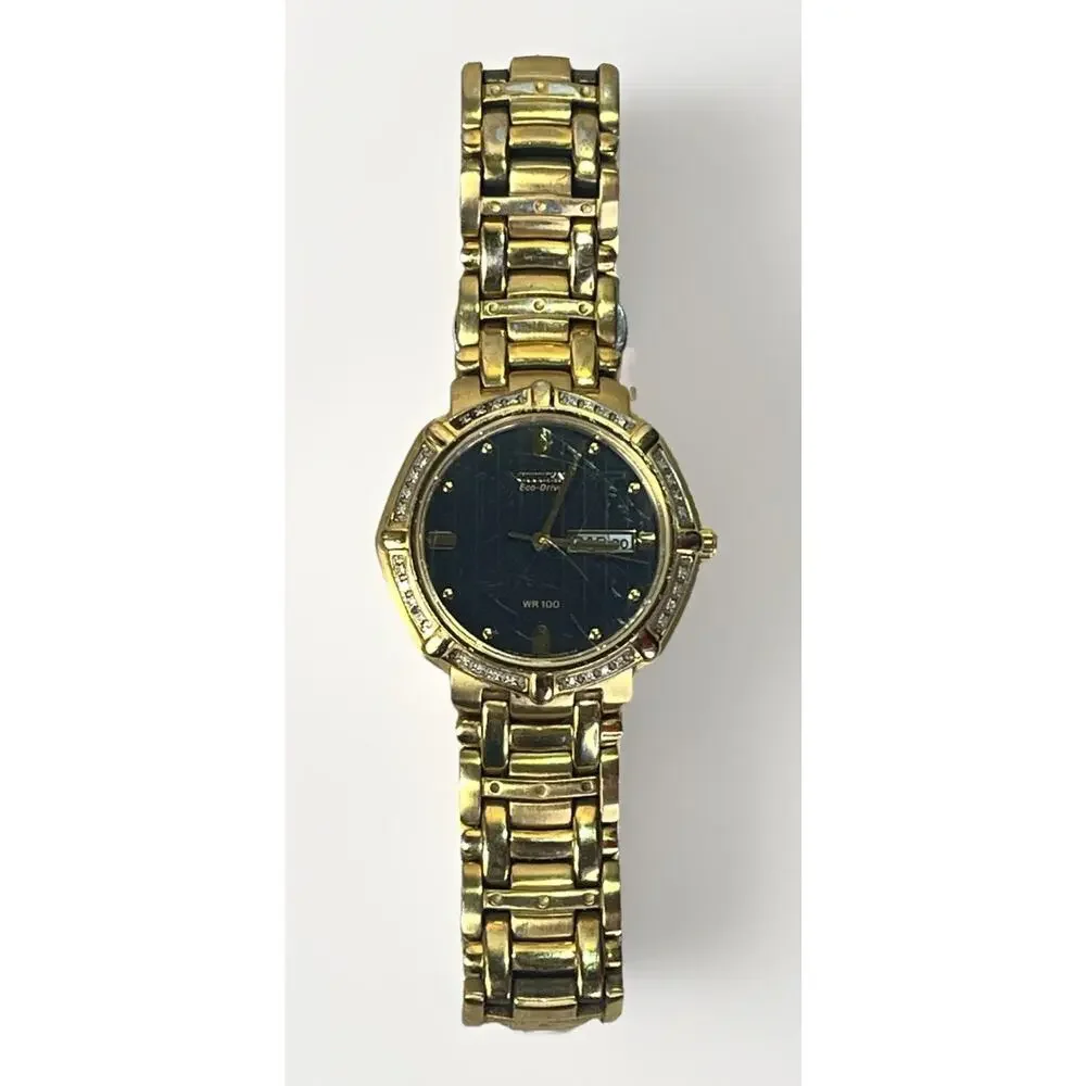 Citizen Eco-Drive Diamond Bezel Gold Tone Day Date Spanish WR100 Watch Works